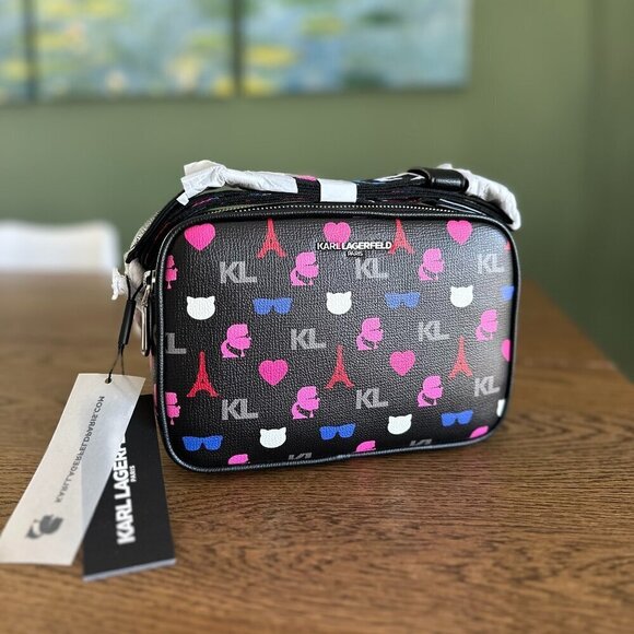 NWT! Karl Lagerfeld Maybelle Paris Double Zip Camera Bag Multi Color Monogram - Picture 1 of 9